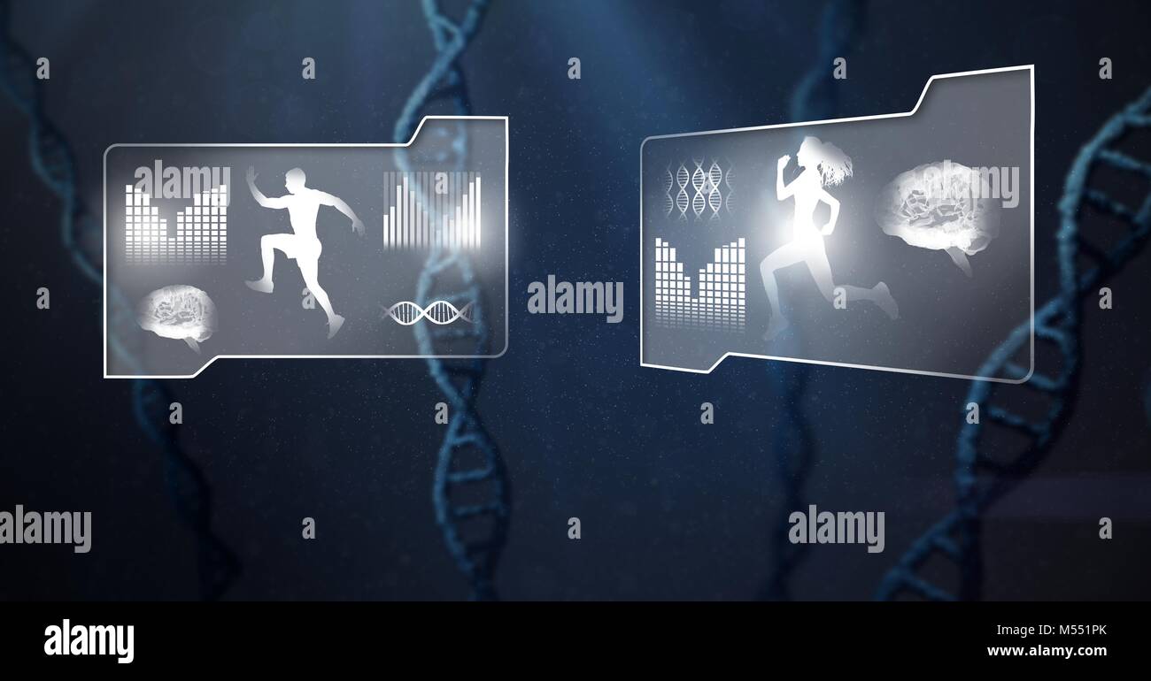 La salute umana e l'interfaccia per il fitness e la scienza genetica sfondo di DNA Foto Stock