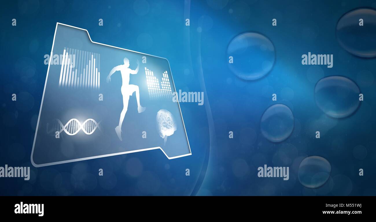 La salute umana e l'interfaccia di fitness e acqua blu sullo sfondo Foto Stock