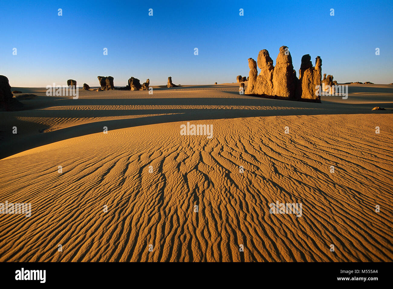 In Algeria. Vicino a Tamanrasset. Tassili du Hoggar. Deserto del Sahara. Le dune di sabbia e rocce contro il cielo blu. Foto Stock