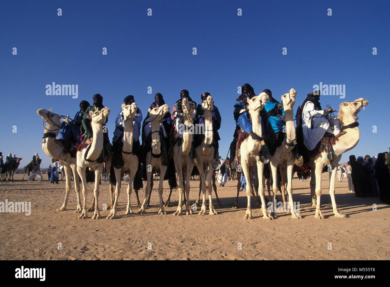 In Algeria. Vicino a Tamanrasset. Deserto del Sahara. Gli uomini della tribù Tuareg sui loro cammelli. Blu indaco turbanti. Foto Stock