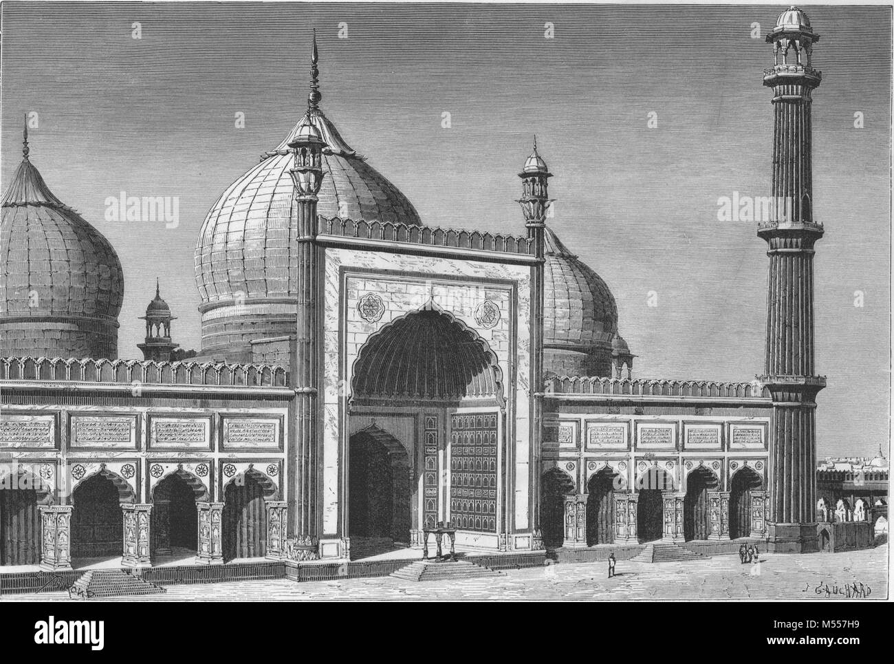 INDIA. La facciata della Jama Masjid, Delhi, antica incisione 1878 Foto Stock