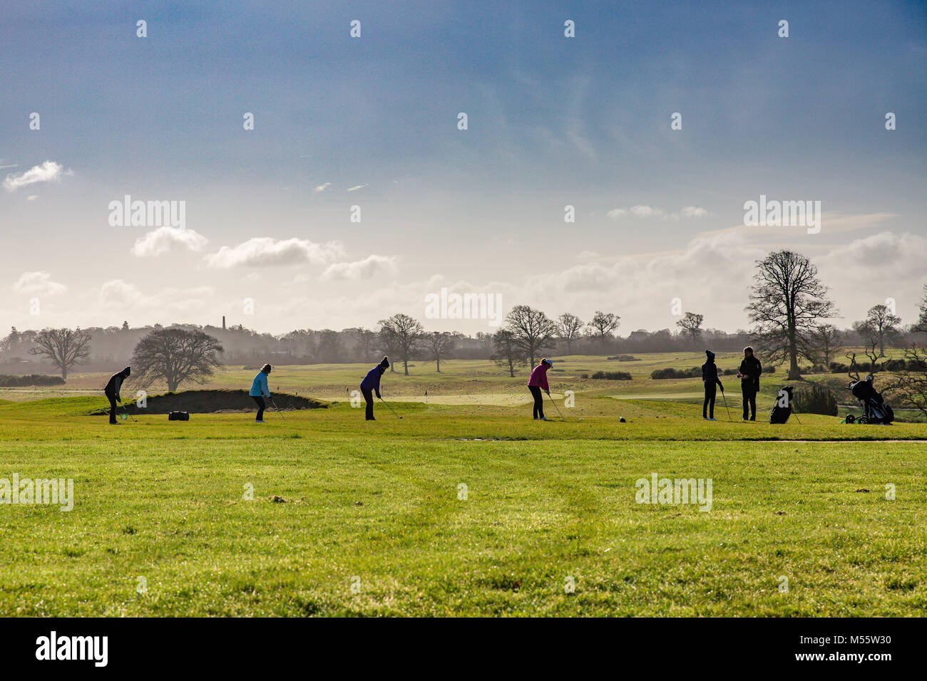 Maynooth, nella contea di Kildare, Irlanda. 20 FEB 2018: Cari golfisti che godono di grande tempo soleggiato la pratica del golf presso la casa di cartone Campo da Golf. Blue sky. Foto Stock