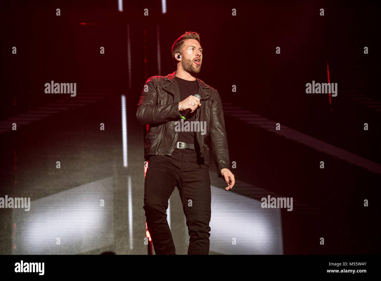 Manchester, Regno Unito. Xx Febbraio 2018. Matt Lino eseguire sull'apertura notturna del Regno Unito del 2018 X Factor Live tour all'Arena di Manchester 20/02/2018 Credit: Gary Mather/Alamy Live News Foto Stock