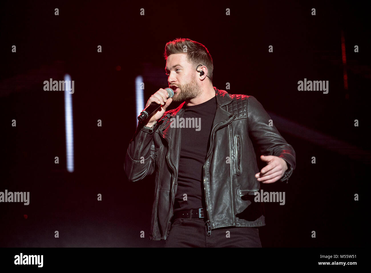 Manchester, Regno Unito. Xx Febbraio 2018. Matt Lino eseguire sull'apertura notturna del Regno Unito del 2018 X Factor Live tour all'Arena di Manchester 20/02/2018 Credit: Gary Mather/Alamy Live News Foto Stock