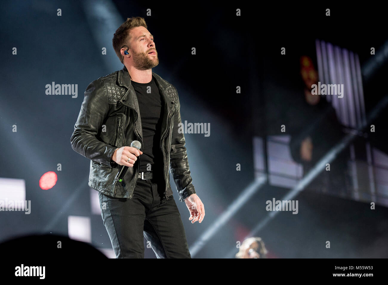 Manchester, Regno Unito. Xx Febbraio 2018. Matt Lino eseguire sull'apertura notturna del Regno Unito del 2018 X Factor Live tour all'Arena di Manchester 20/02/2018 Credit: Gary Mather/Alamy Live News Foto Stock