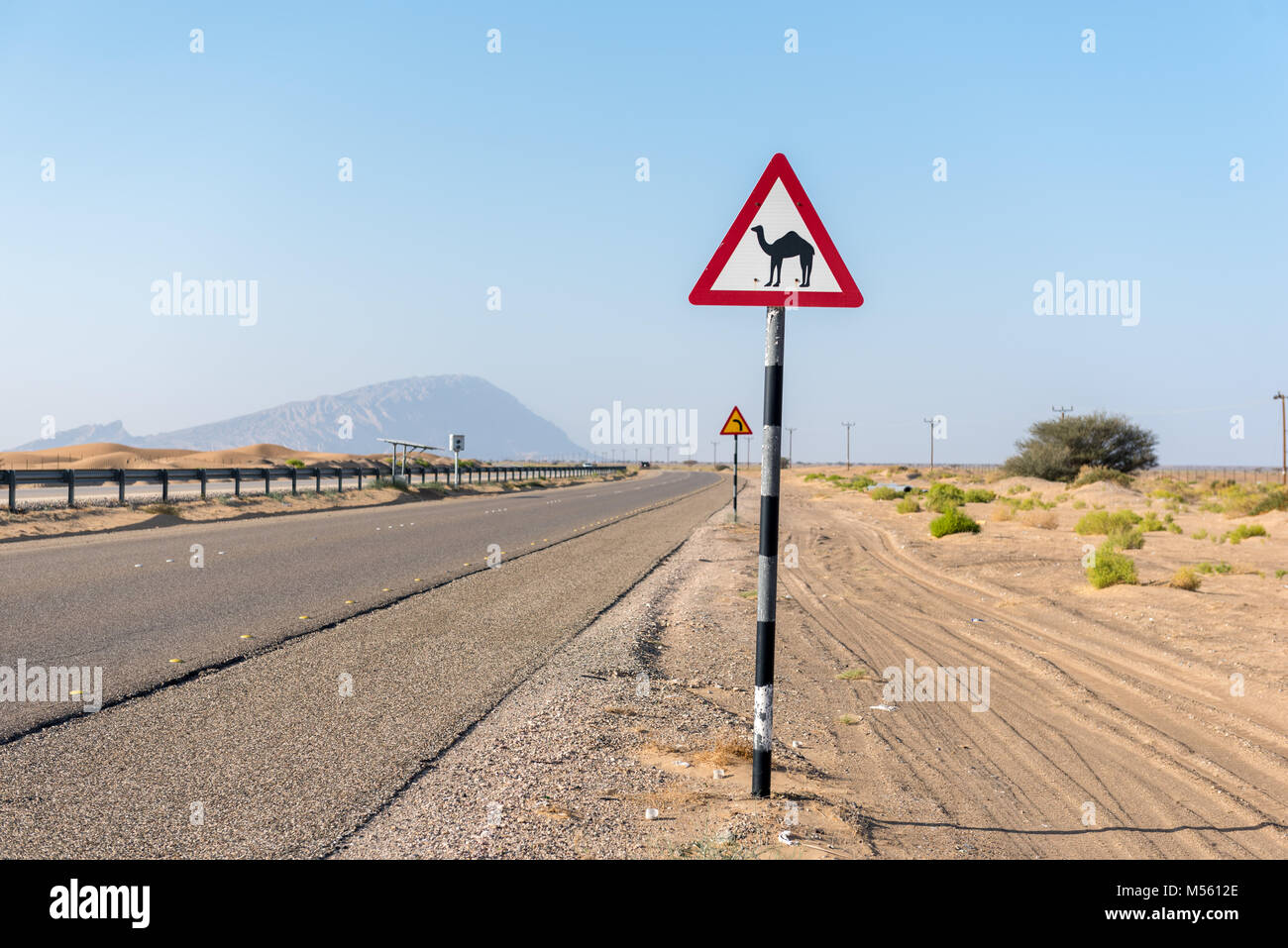 Segno posto accanto alla strada in una regione desertica driver per rendere consapevoli del possibile attraversamento di cammelli (dromedari) Foto Stock