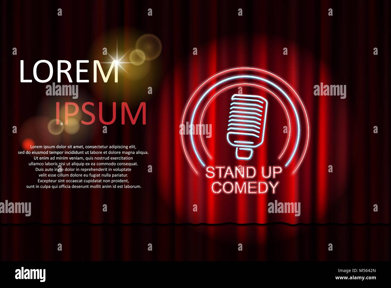 Stand up comedy con neon segno del microfono e la tenda rossa sullo sfondo. Comedy night stand up show o karaoke partito. Illustrazione Vettoriale Illustrazione Vettoriale