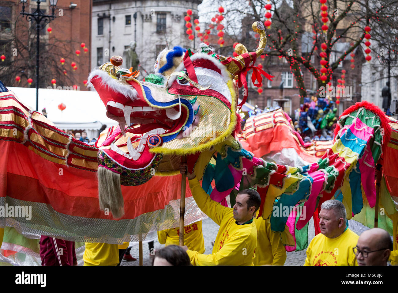 Il Capodanno cinese 2018 celebrazioni in Manchester - l'anno del cane. Foto Stock