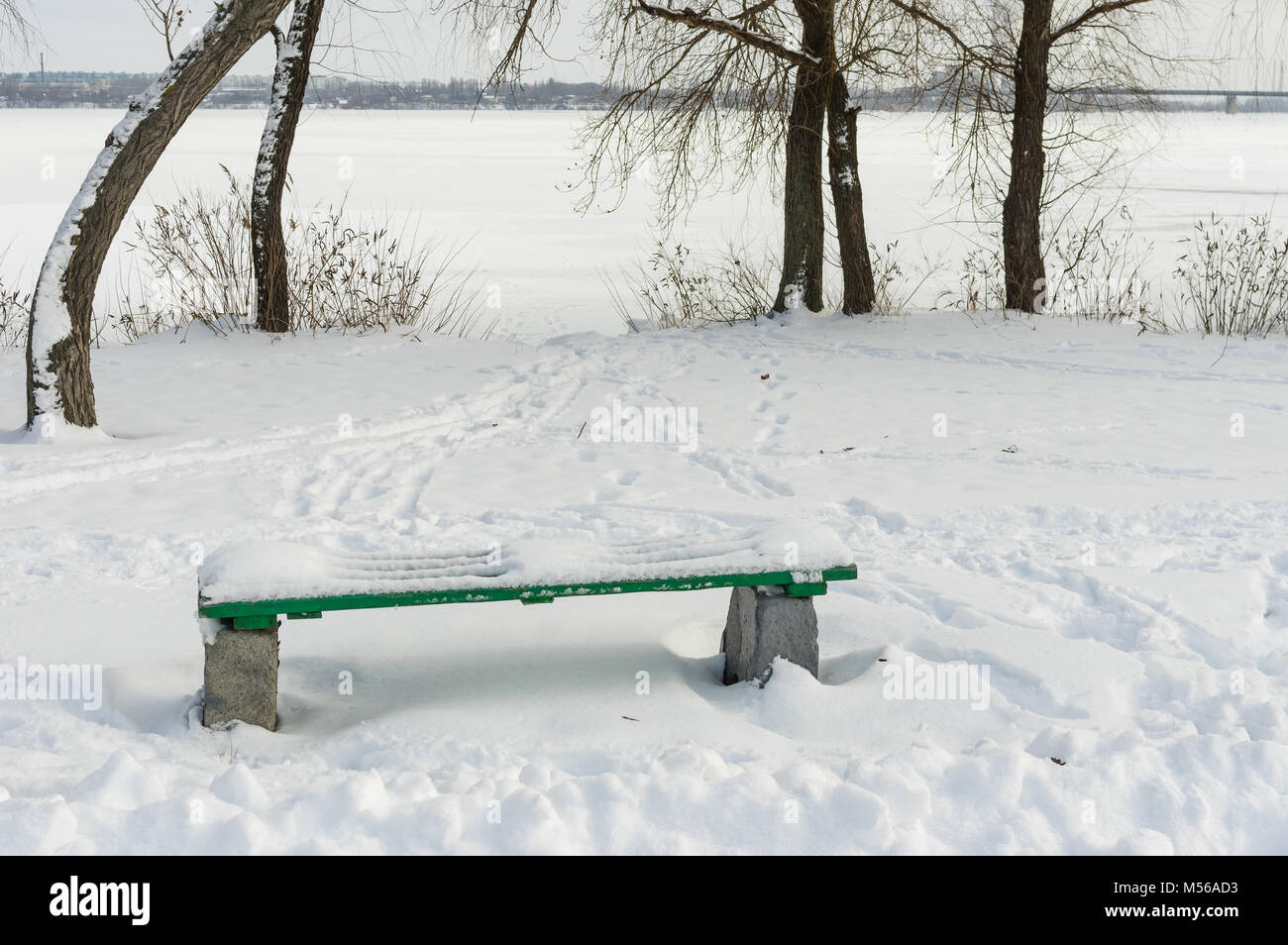 Paesaggio invernale con banco vuoto nella neve profonda su un Dnipro riverside, Ucraina Foto Stock