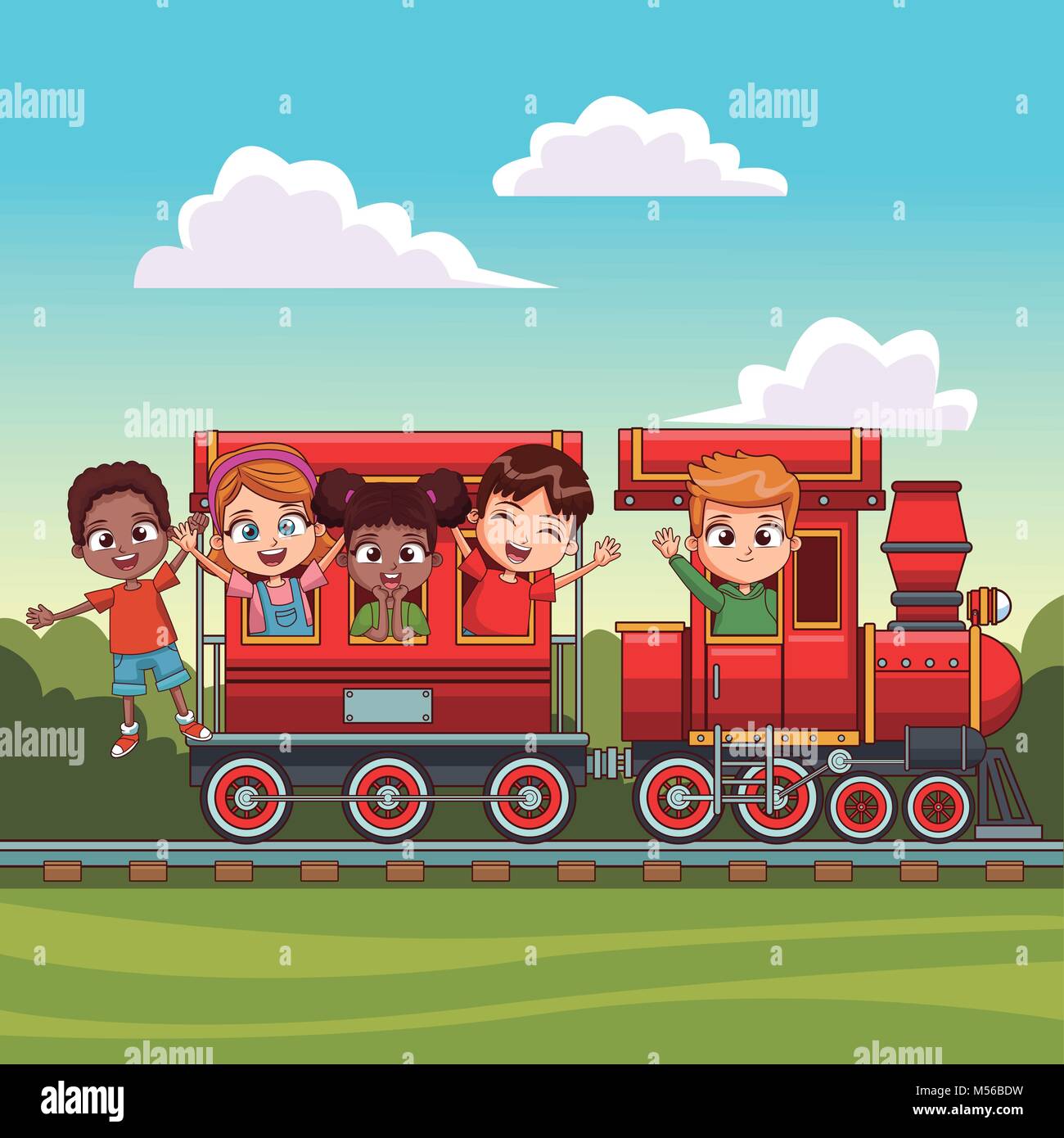 Bambini sul treno oltre il paesaggio Illustrazione Vettoriale