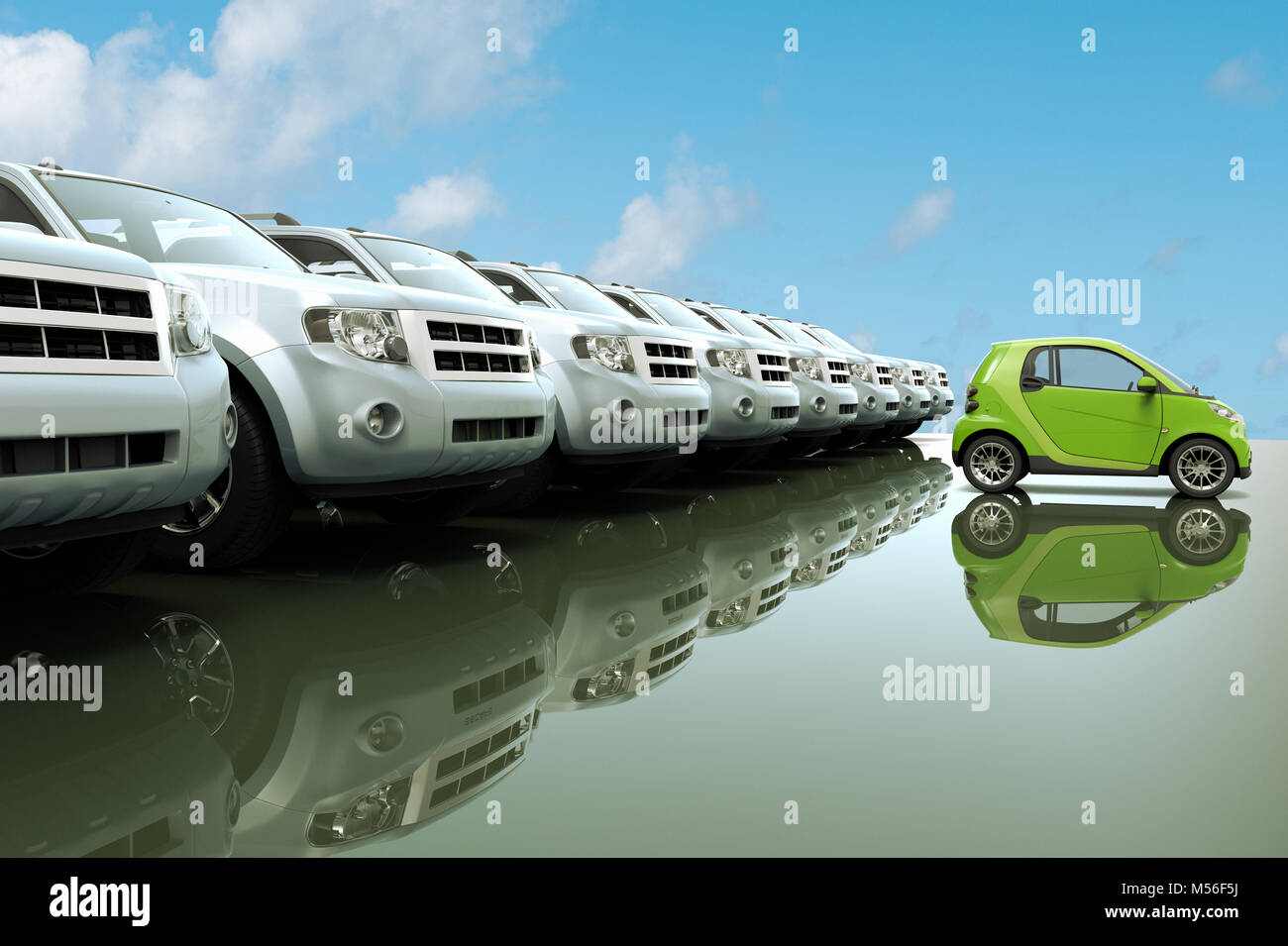 3D rendering di piccole, eco friendly auto di fronte di una fila di grandi vetture Foto Stock