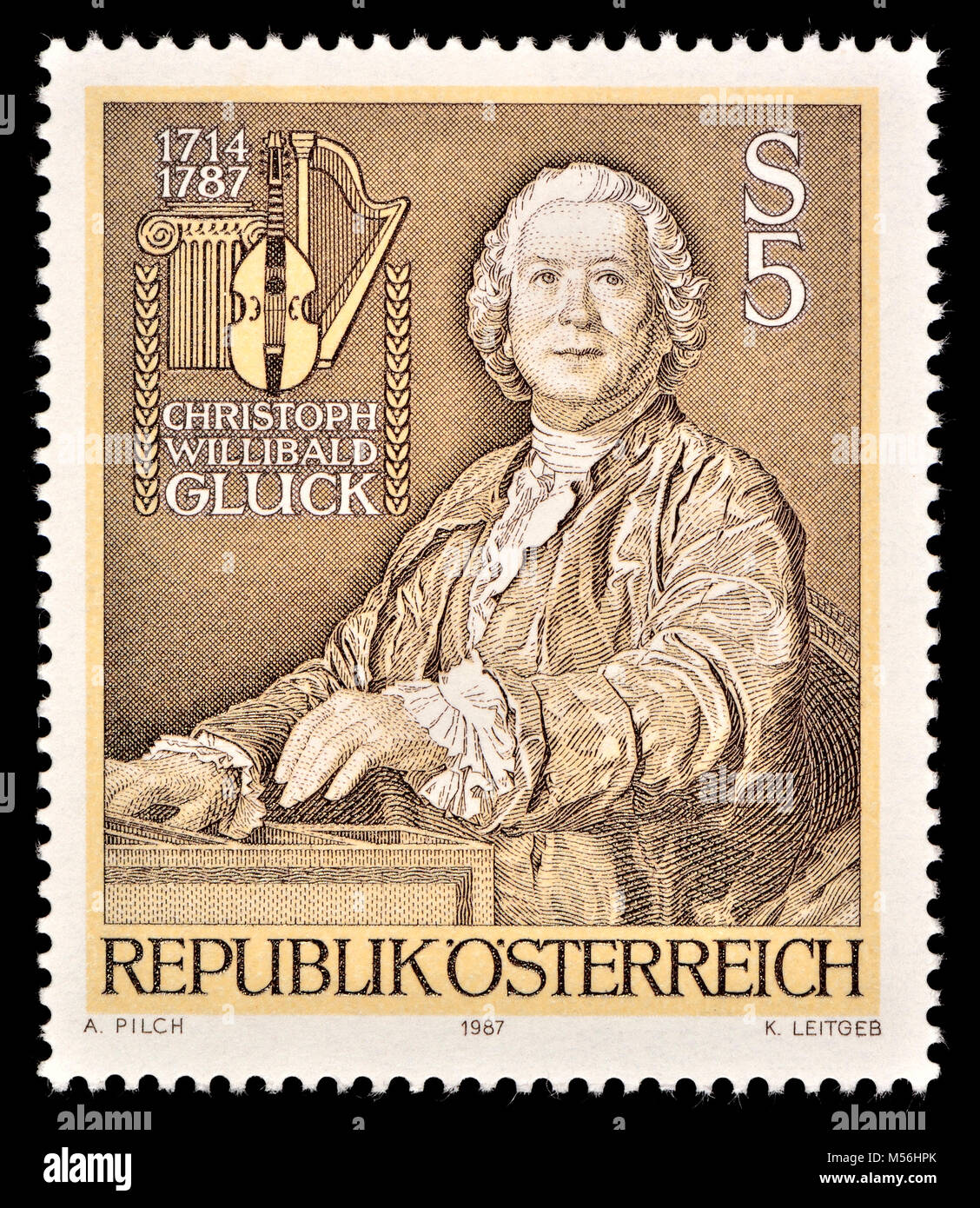 Austrian francobollo (1987) : Christoph Willibald Gluck (1714 - 1787) del compositore italiano e francese opera all'inizio del periodo classico. (Da un 17 Foto Stock