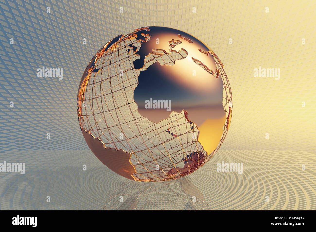 Mondo global business design con abstract hi-tech metallo dorato sfondo (3D rendering) Foto Stock