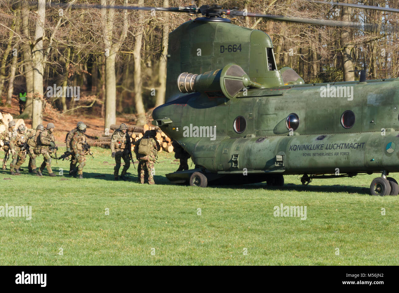 Olst Feb 7 2018: Amry e Air Force elicottero esercizio. La Chinook sbarco a ritirare i soldati Foto Stock