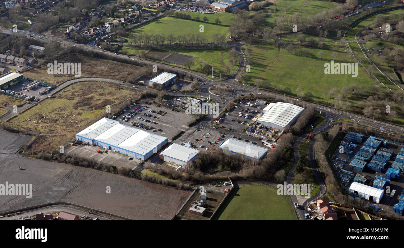 Vista aerea del Park Road Retail Park, Pontefract, West Yorkshire, Regno Unito Foto Stock