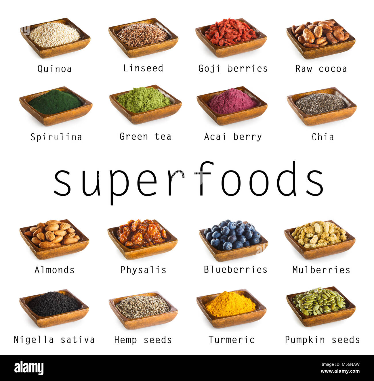 Raccolta Superfoods isolati su sfondo bianco Foto Stock