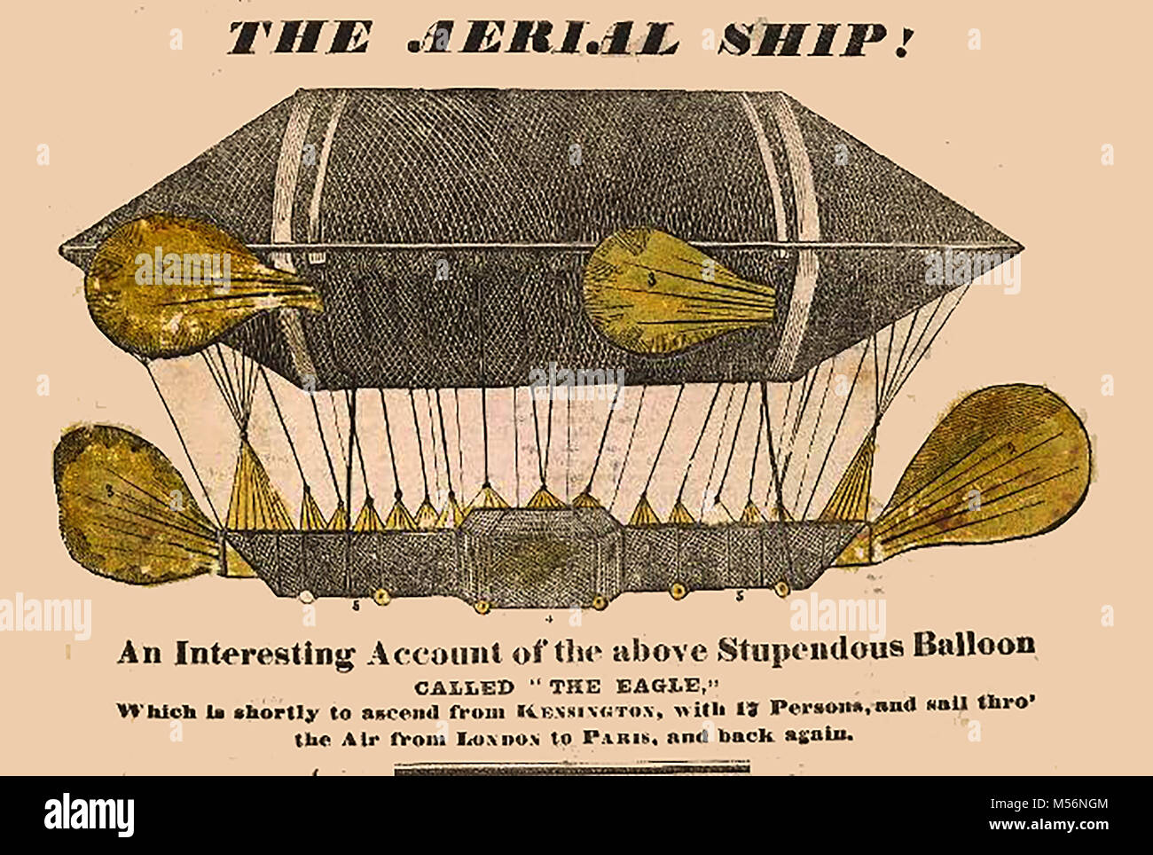 Aeronautica storico, palloncini e macchine volanti - nave aerea - pallone Eagle 1834 - Annuncio per una Londra a Parigi il volo Foto Stock