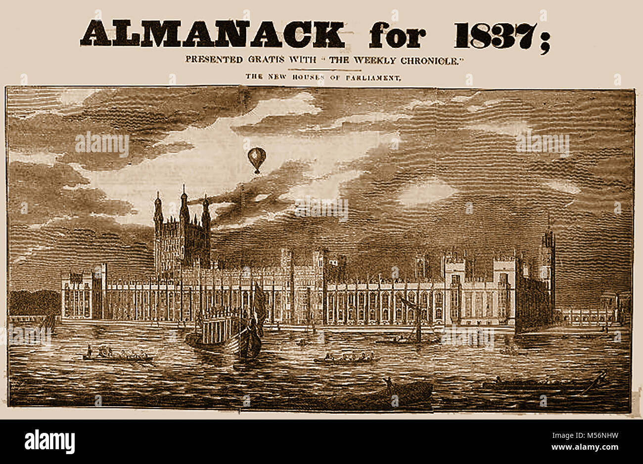 Aeronautica storico, palloncini e macchine volanti - Coperchio Almanack 1837 mostra un palloncino al di sopra del 'nuovo' UK Case del Parlamento (dato con la cronaca settimanale giornale) Foto Stock