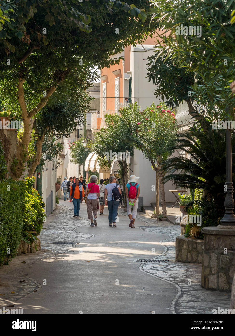 Tipica strada in Anacapri con i turisti, Capri, Italia. Foto Stock