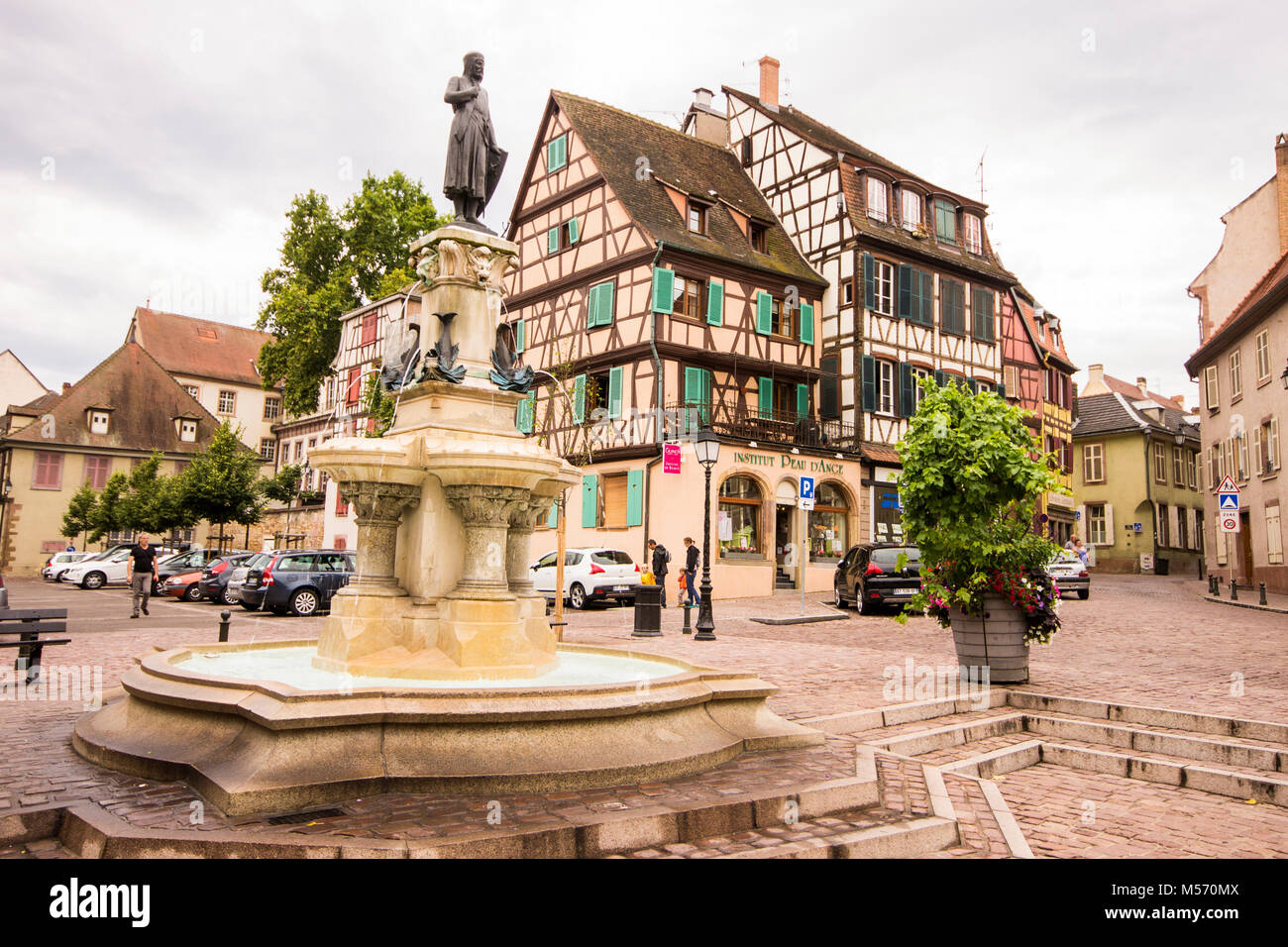 La Fontaine Roesselmann, una famosa fontana e il monumento in Place des Six Montagnes Noires square, Colmar, Alsazia, Francia Foto Stock