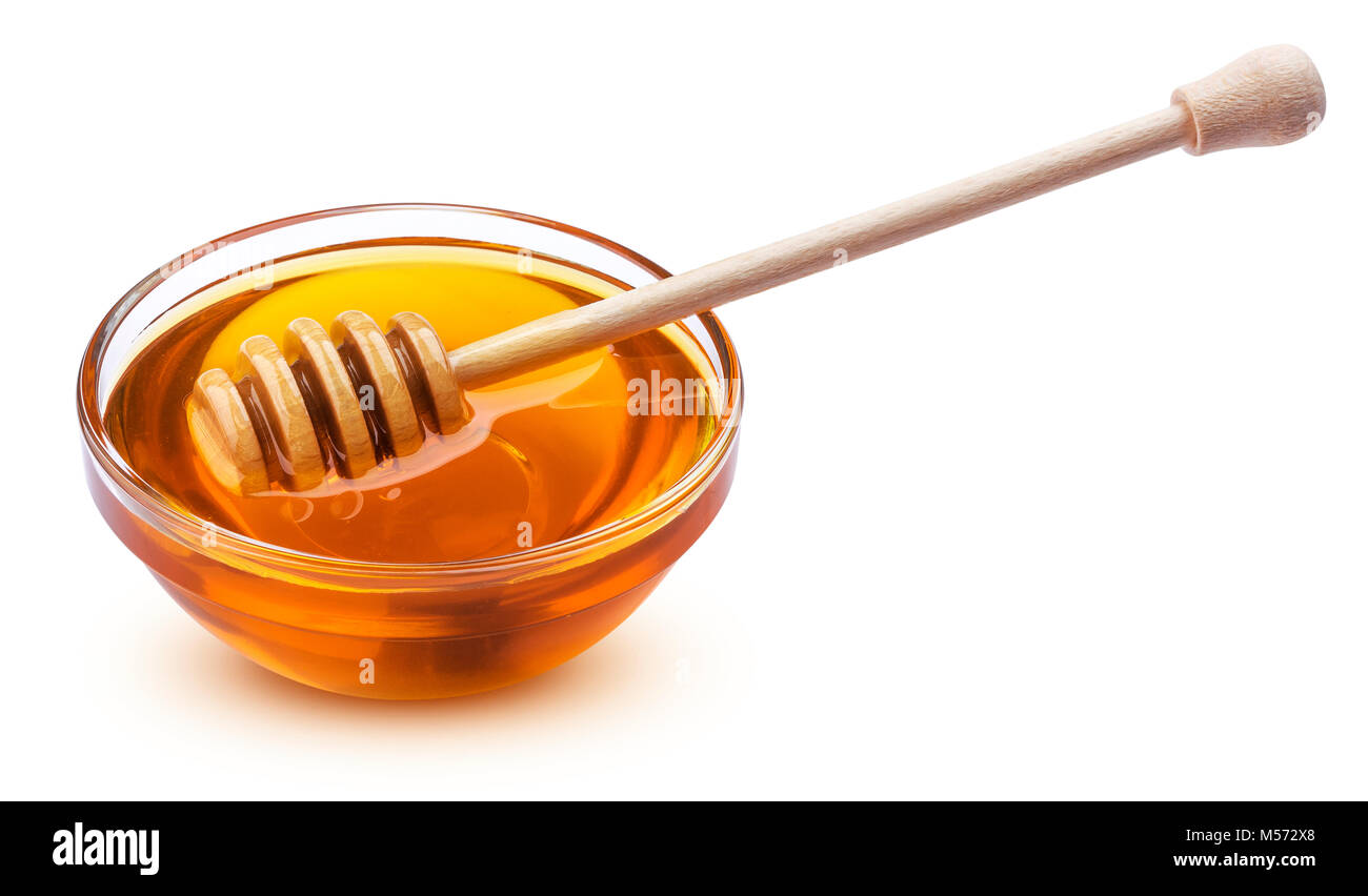 Ciotola di miele isolati su sfondo bianco Foto Stock