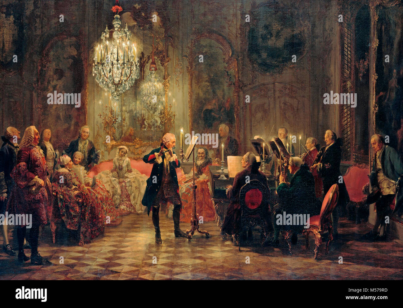 Concerto per flauto con Federico il Grande in Sanssouci Medio: Federico il Grande; estrema destra: Johann Joachim Quantz, del re insegnante di flauto; alla sua sinistra con un violino e indossando indumenti scuri: Franz Benda; sulla sinistra in primo piano: Gustav Adolf von Gotter; dietro di lui: Jakob Friedrich von Bielfeld; dietro di lui, guardando il soffitto: Pierre Louis Maupertuis; in background, seduto su un divano rosa: Wilhelmine di Bayreuth; sulla sua destra: Amalie of Prussia con una cameriera di onore; dietro di loro, Carl Heinrich Graun; l'anziana signora dietro il music stand: Sophie Caroline; dietro di lei: Egmont o Foto Stock