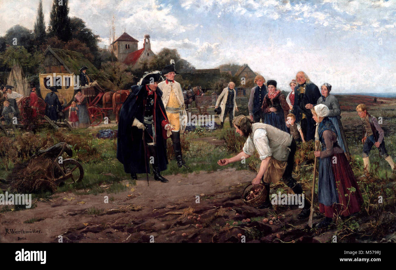 Federico il Grande di Prussia esamina il raccolto di patate - Robert Muller, 1886 Foto Stock