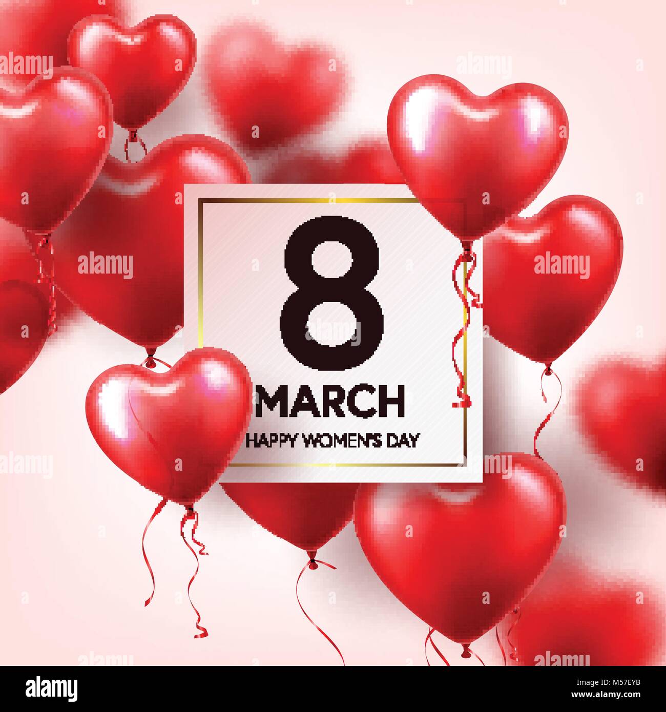 Giornata della donna sfondo rosso con palloncini, forma di cuore. Simbolo d'amore. Il 8 marzo. Io vi amo. Vacanze di primavera. Illustrazione Vettoriale