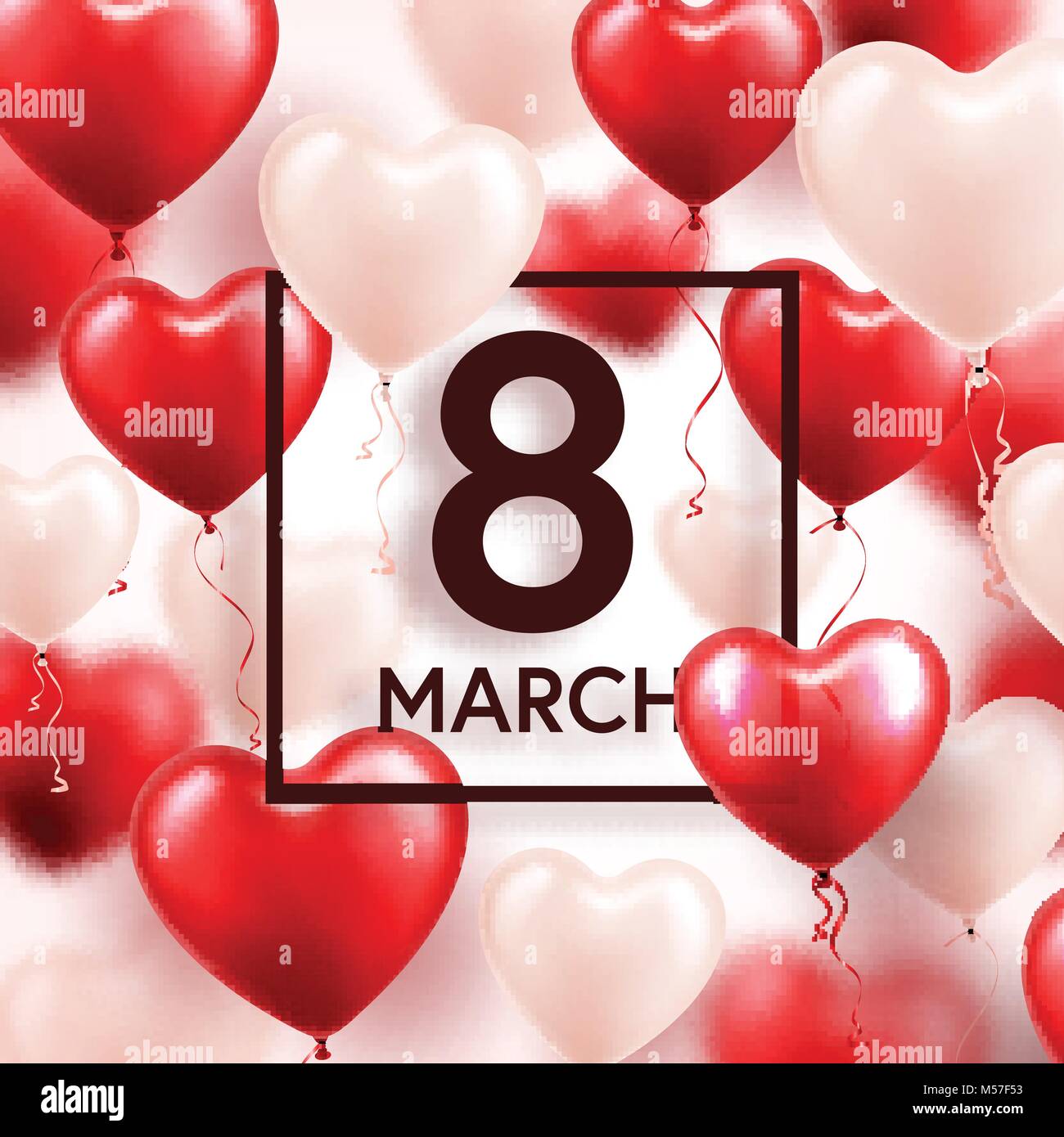 Giornata della donna sfondo rosso con palloncini, forma di cuore. Simbolo d'amore. Il 8 marzo. Io vi amo. Vacanze di primavera. Illustrazione Vettoriale