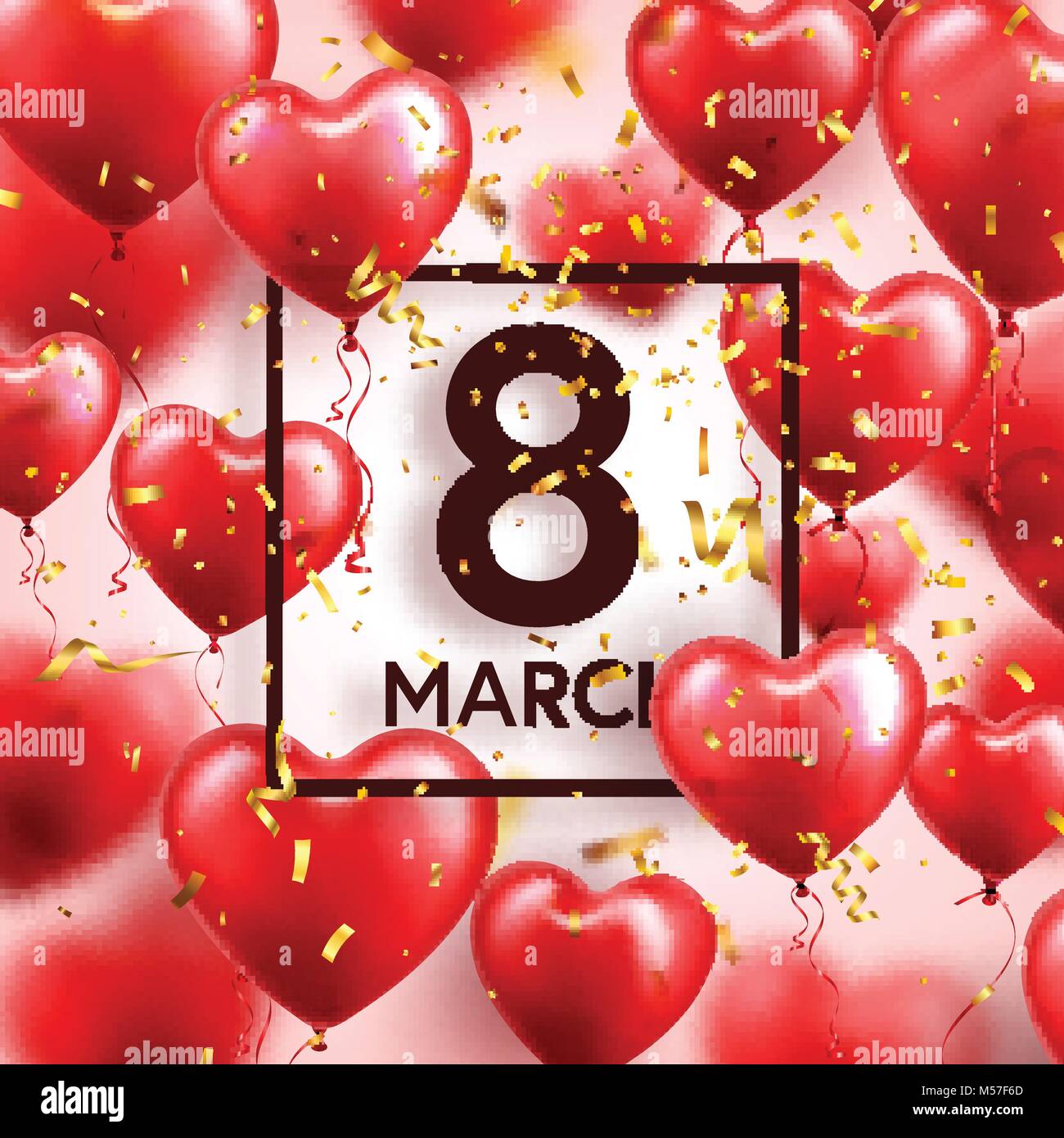 Giornata della donna sfondo rosso con palloncini, forma di cuore.Coriandoli e nastro. Simbolo d'amore. Il 8 marzo. Io vi amo. Vacanze di primavera. Illustrazione Vettoriale