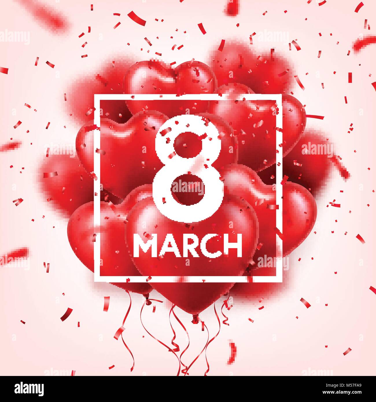 Giornata della donna sfondo rosso con palloncini, forma di cuore.Coriandoli e nastro. Simbolo d'amore. Il 8 marzo. Io vi amo. Vacanze di primavera. Illustrazione Vettoriale