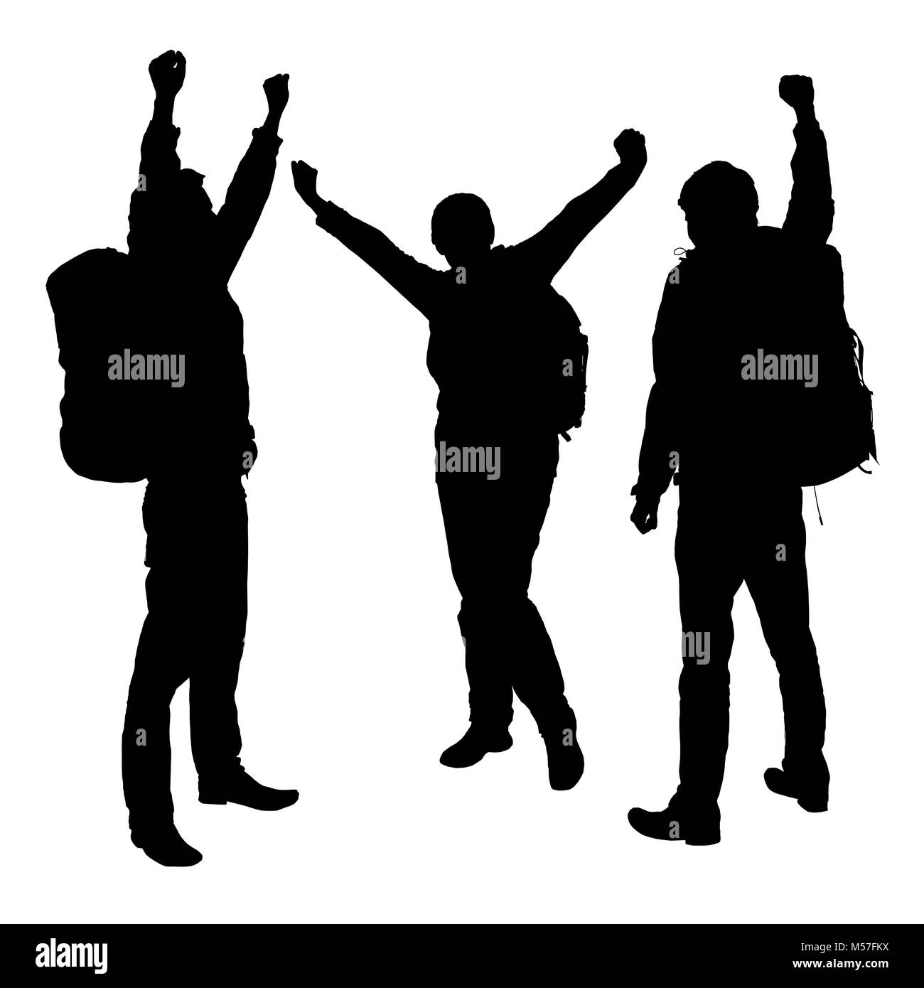 Set sagome vettoriali gioiosa turisti con zaini Illustrazione Vettoriale