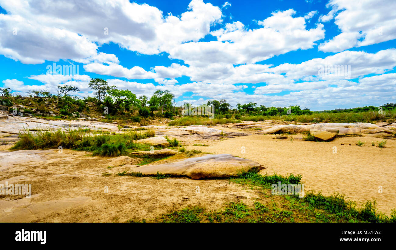 Rocce di grandi dimensioni in quasi a secco di Sabie River nel centro parco nazionale Kruger in Sud Africa Foto Stock