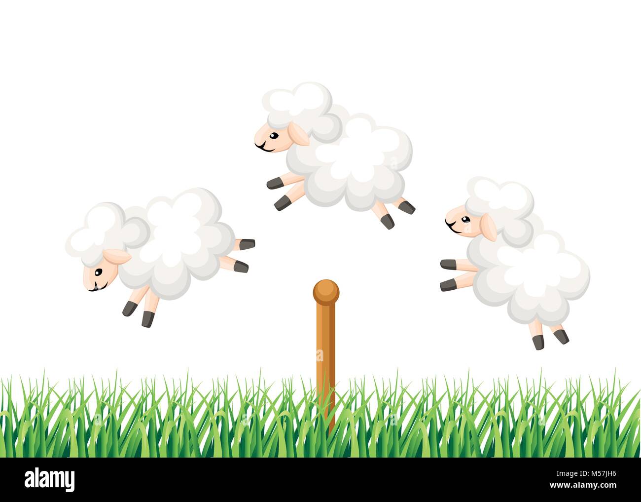 Tre pecore saltare oltre il recinto del tempo di sonno contare le pecore da insonnia su sfondo bianco con un vettore di erba illustrazione pagina del sito web e mobile Illustrazione Vettoriale