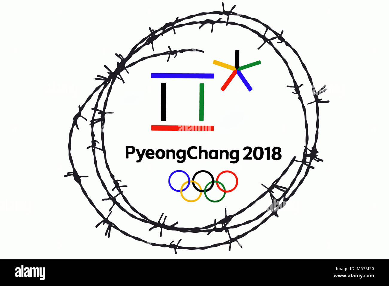 14 dicembre 2017 Mosca, Russia simboli XXIII Giochi Olimpici Invernali di Pyeongchang, Repubblica di Corea nel filo spinato Foto Stock