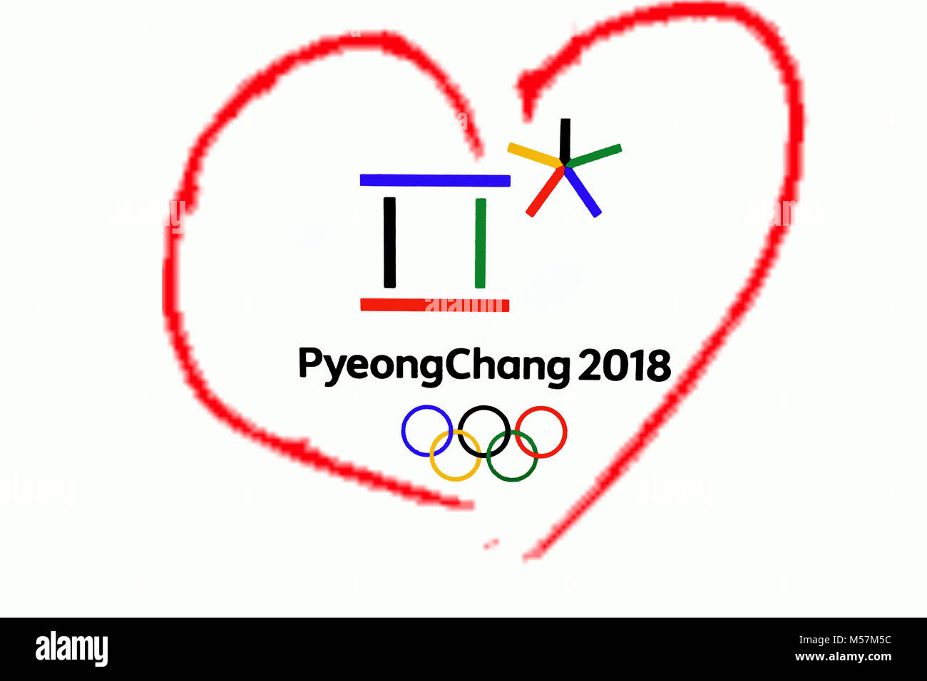 14 dicembre 2017 Mosca, Russia simboli XXIII Giochi Olimpici Invernali di Pyeongchang, Repubblica di Corea nel cuore rosso Foto Stock
