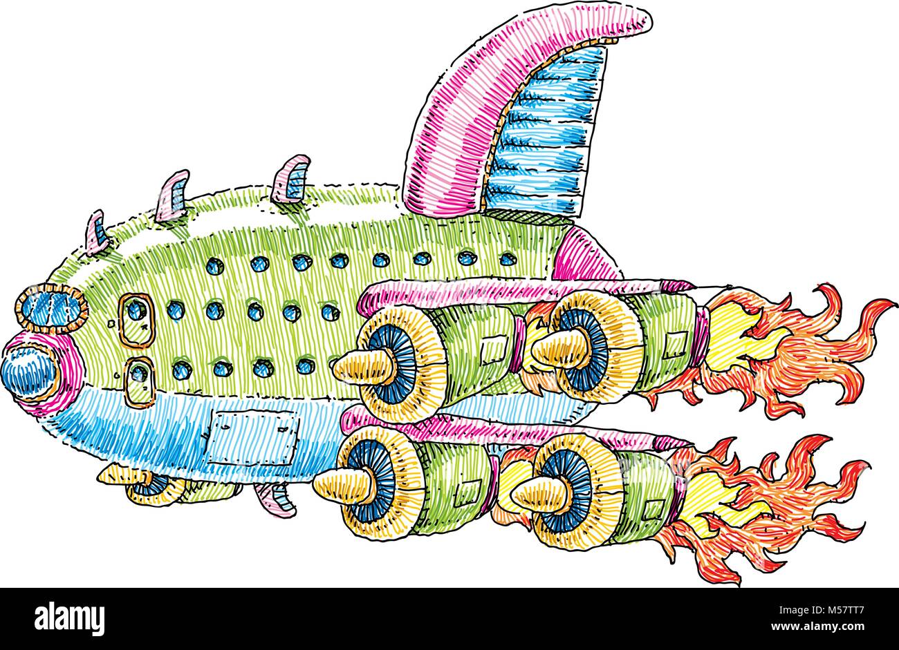 Whimsical cartoon illustrazione di un razzo-powered, passeggeri supersonico aerei jet. Illustrazione Vettoriale