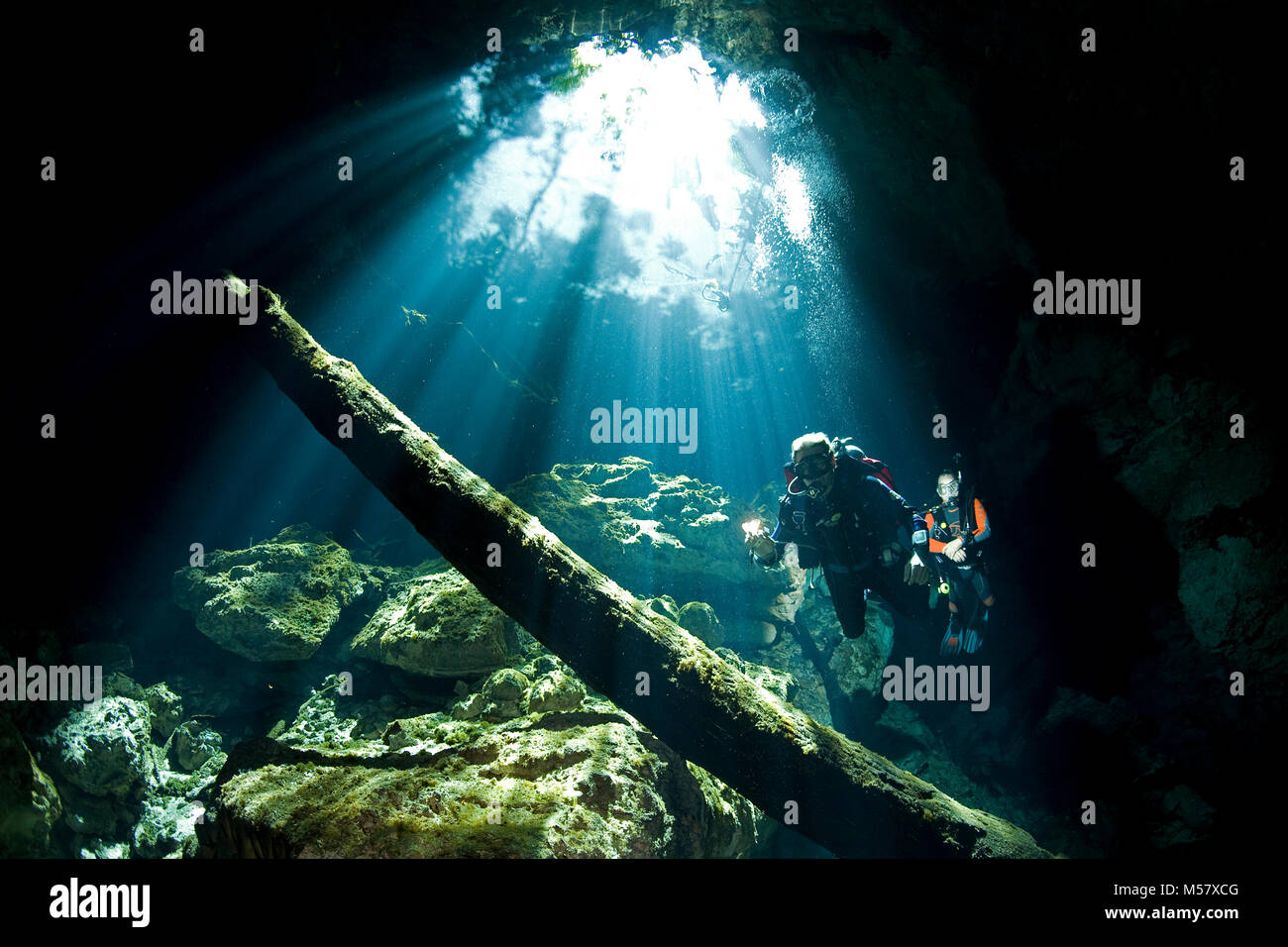 Raggi di sole suffuse acqua cristallina del cenote Taj Mahal, cenotes, Tulum, Yucatan, Quintana Roo, Messico, Caraibi Foto Stock