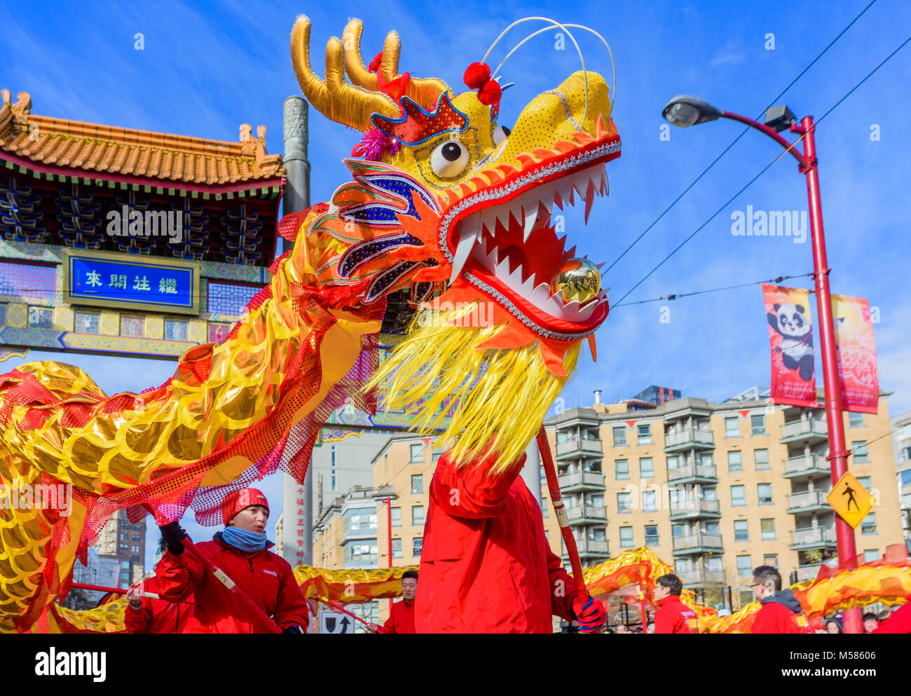 VanCity Credit Union Dragon Dance team, nuovo anno lunare cinese Parade, Chinatown, Vancouver, British Columbia, Canada. Foto Stock