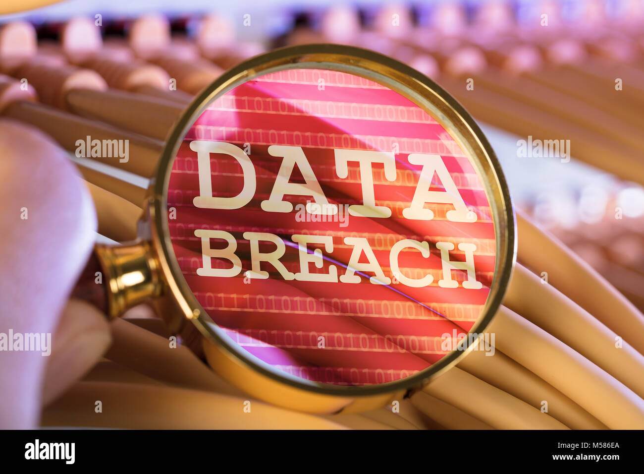 Immagine ritagliata di mano analizzando i dati violazione attraverso la lente di ingrandimento su cavi in sala server Foto Stock