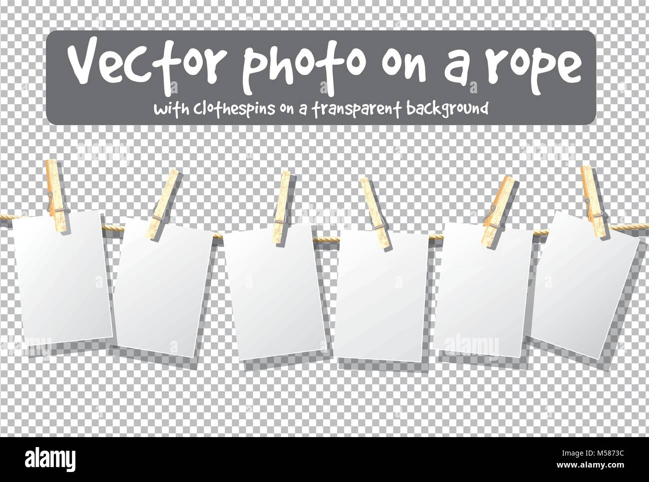 Mockup corda trasparente clothespins oggetti isolati. Illustrazione Vettoriale