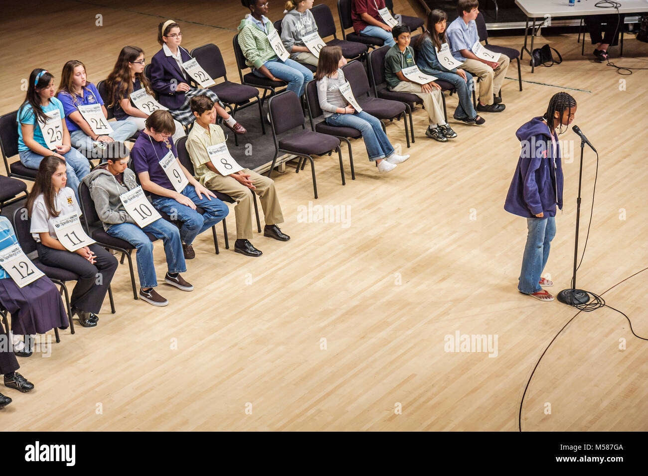 Miami Florida,Arsht Performing Arts Center,The Miami Herald Spelling Bee,test,esame,competizione,multiculturale,Africa Nera,miscela etnica ispanica diversa Foto Stock