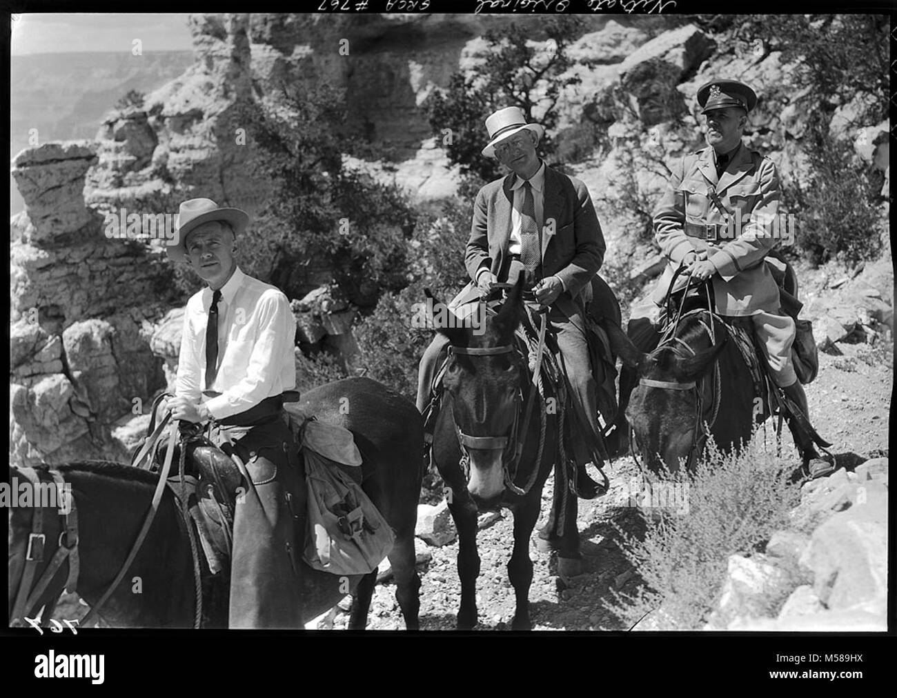 Grand Canyon storico sentiero di Kaibab CCC mulo piloti. SUPT TILLOTSON, ROBERT FECHNER - DIR di CCC, & PAOLO SPERATI - sub-distretto di comandante della CCC a dorso di mulo lungo il tragitto per il bordo N TRAMITE IL KAIBAB TRAIL. 22 Luglio 1934 Foto Stock