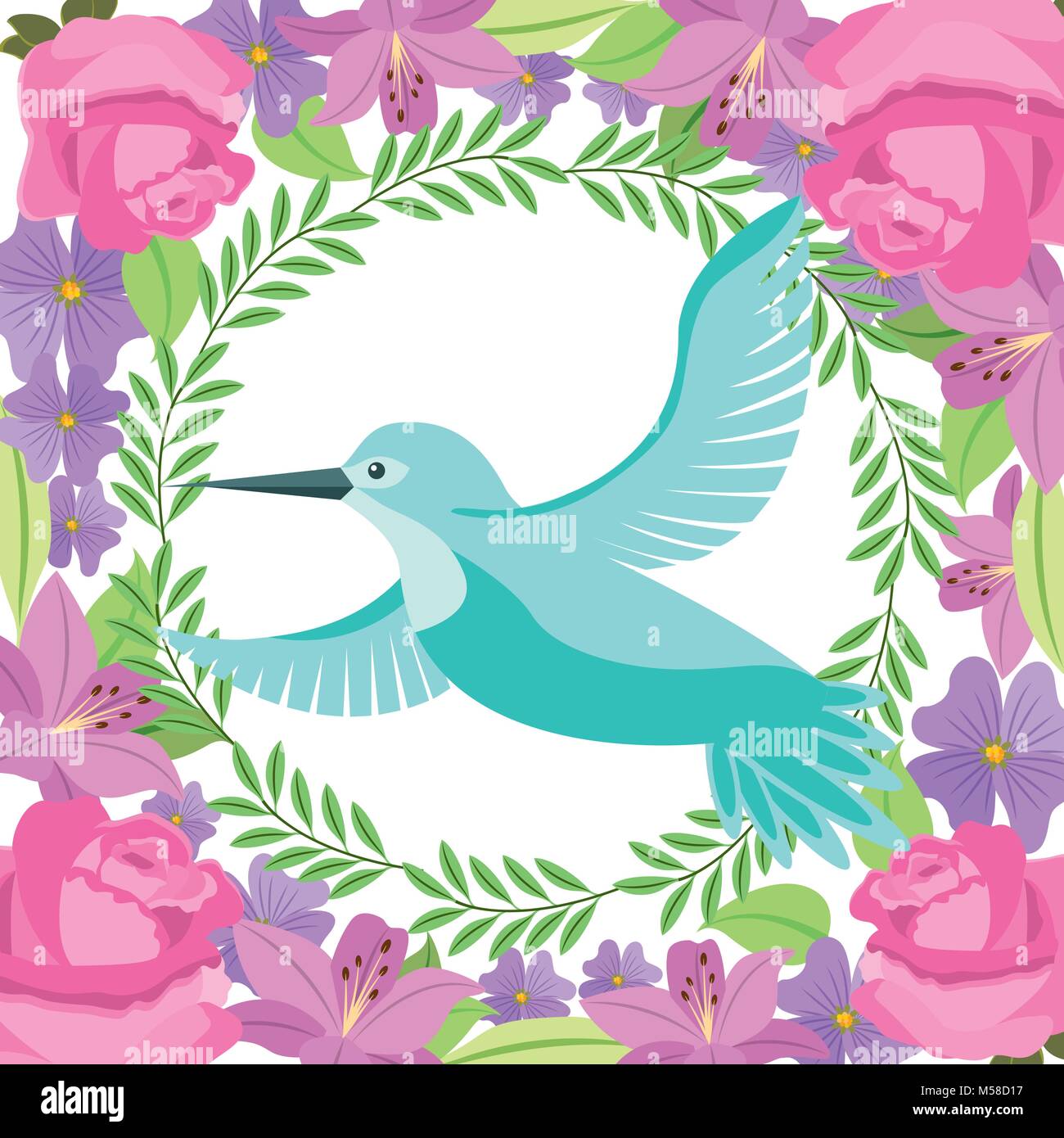 Green bird flying ghirlanda di fiori decorazione Illustrazione Vettoriale