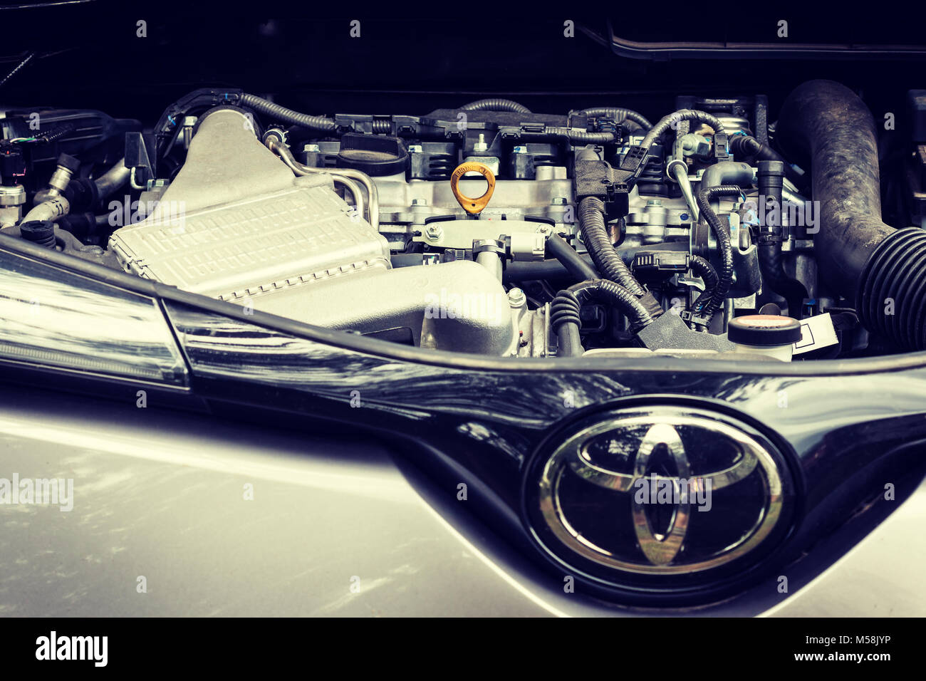 Visualizzazione del logo e della parte del motore della Toyota crossover CH-R Foto Stock
