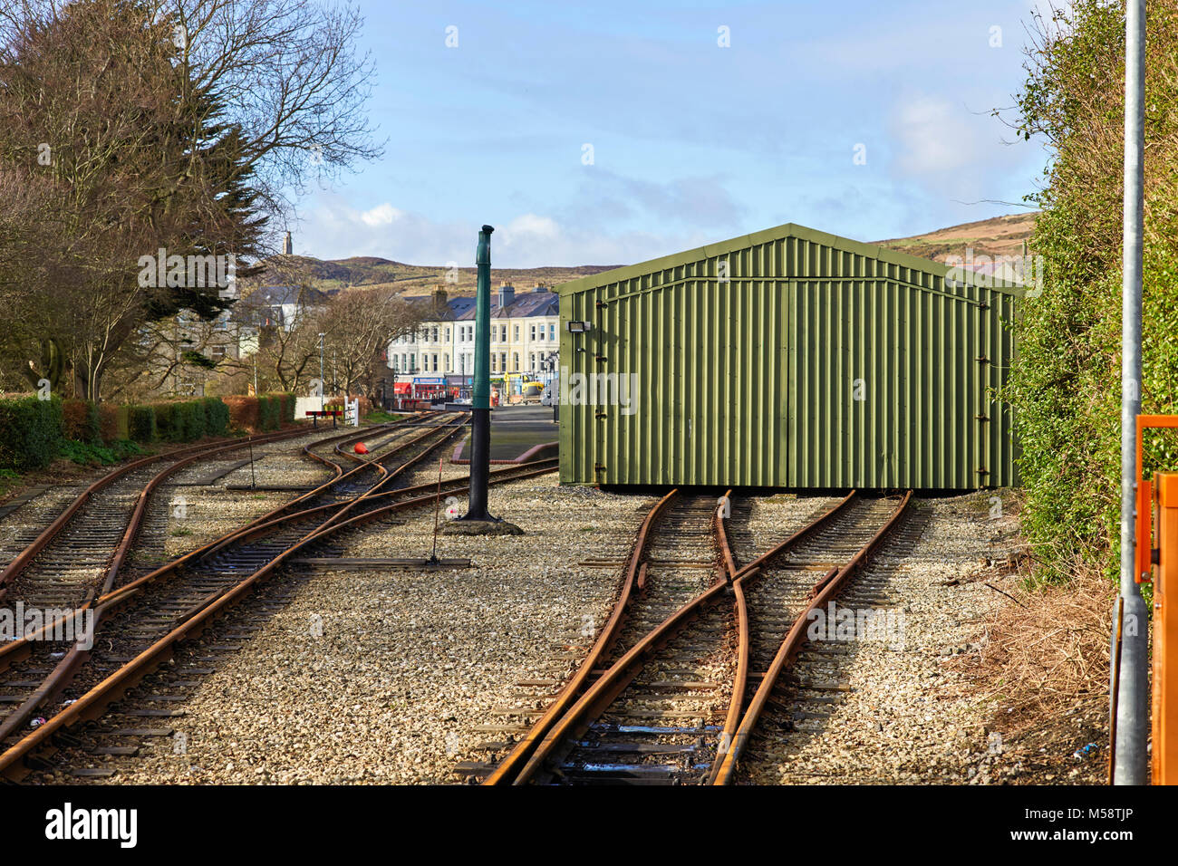 Il motore passo a Port Erin sulla stretta guage railway, Isola di Man Foto Stock
