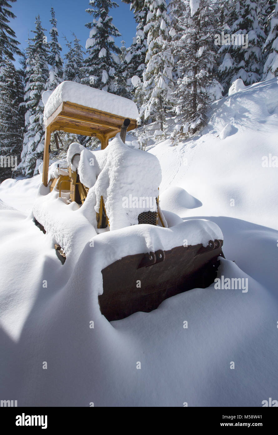 Una coperta di neve Cat 931 caricatore dopo un pesante nevicata invernale, fino su Eagle View, nella contea di Sanders, Montana Foto Stock