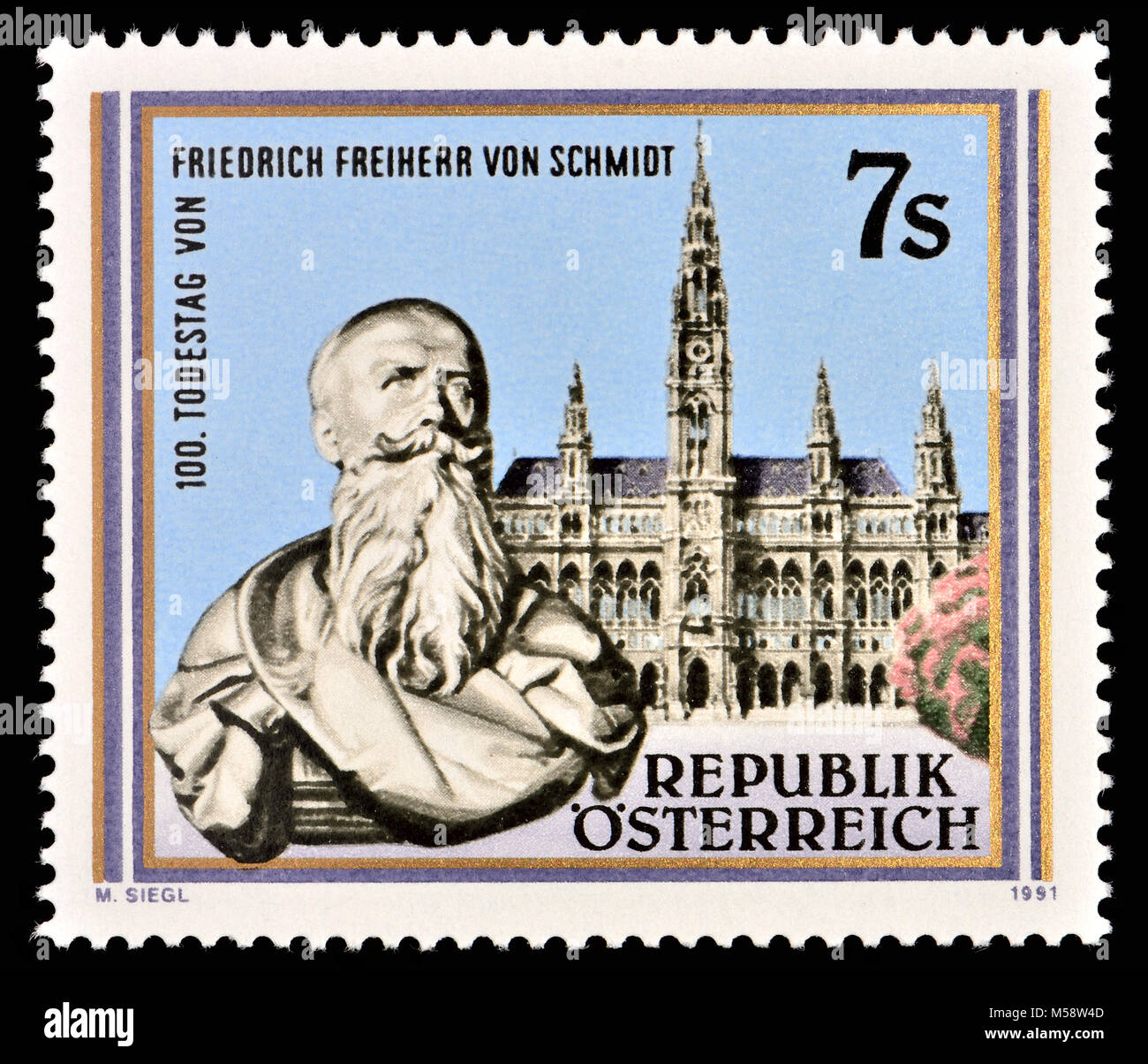Austrian francobollo (1991) : Friedrich von Schmidt (1825 - 1891) architetto austriaco Foto Stock