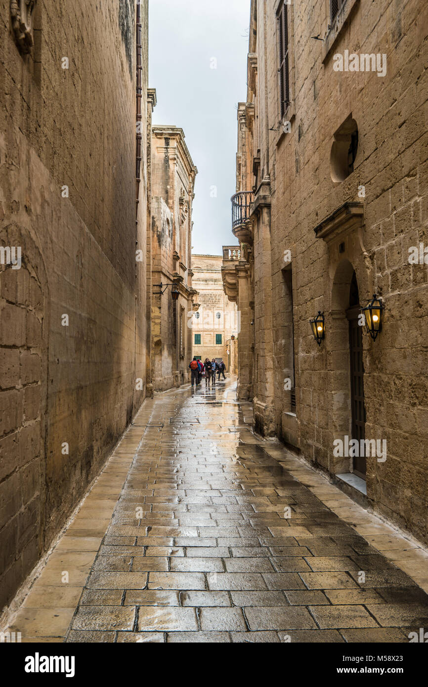 Le strade strette e alte mura di Mdina, Malta, l'Europa. 02/09/2018. Foto Stock