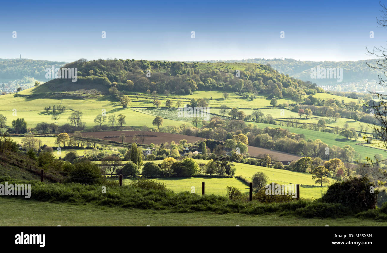 Vista della camma lungo giù dal picco Coaley, Cotswolds, Gloucestershire, Regno Unito Foto Stock